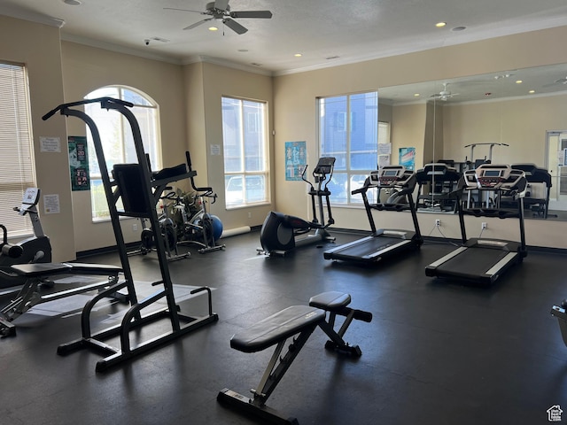 6351 W Traveler Ln, West Jordan, UT 84081 - exercise room with recessed lighting, ornamental molding, and ceiling fan