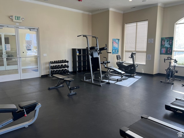 6351 W Traveler Ln, West Jordan, UT 84081 - workout area with baseboards, ornamental molding, and french doors