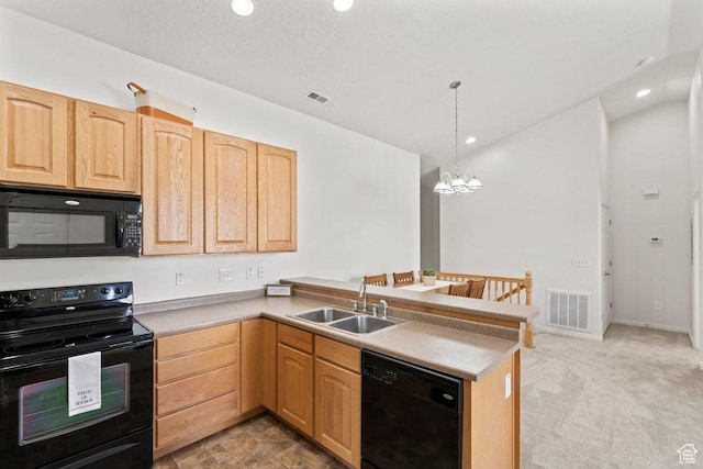6351 W Traveler Ln, West Jordan, UT 84081 - kitchen featuring a peninsula, a sink, visible vents, light brown cabinets, and black appliances
