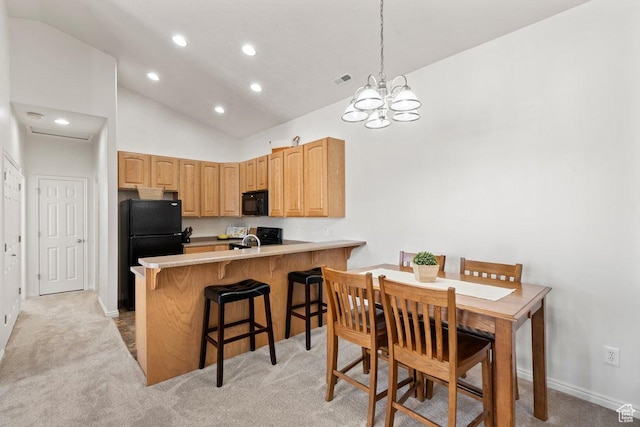 6351 W Traveler Ln, West Jordan, UT 84081 - kitchen featuring black appliances, light countertops, light colored carpet, a peninsula, and recessed lighting