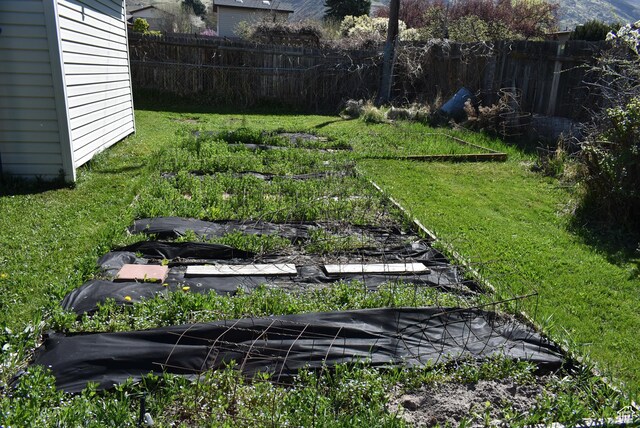 view of yard featuring a garden, an outbuilding, and a fenced backyard