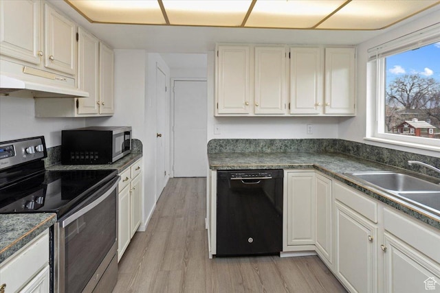 kitchen with stainless steel range with electric stovetop, white cabinetry, a sink, and black dishwasher