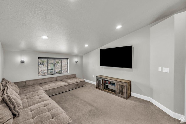 carpeted living room featuring recessed lighting, baseboards, a textured ceiling, and lofted ceiling