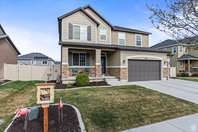 12133 S Broken Arch Ln, Herriman, UT 84096 - craftsman inspired home with driveway, stone siding, a porch, a garage, and fence