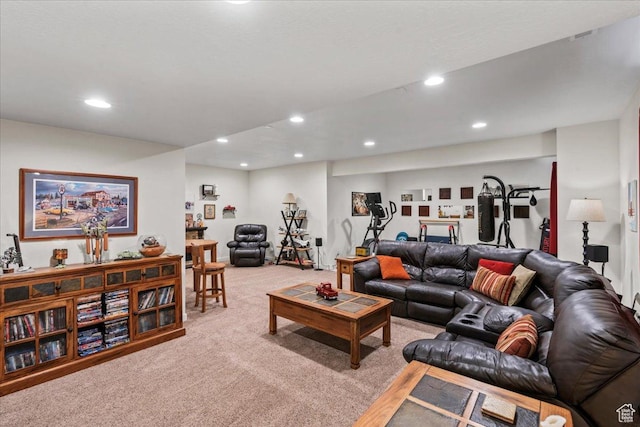 12133 S Broken Arch Ln, Herriman, UT 84096 - living room featuring light carpet and recessed lighting