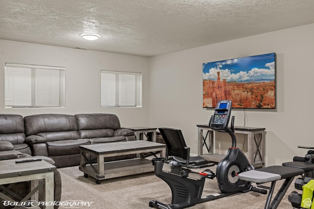 interior space with a textured ceiling, carpet flooring, and visible vents