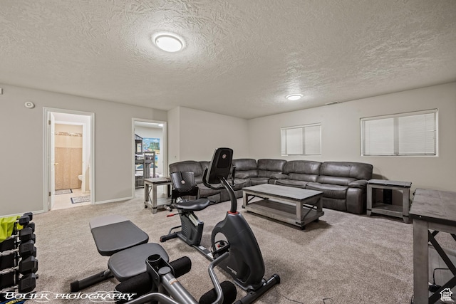 living room with a textured ceiling, baseboards, and carpet