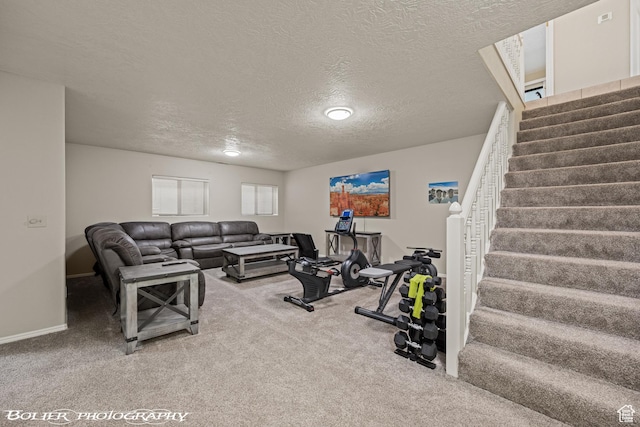 workout room featuring a textured ceiling, baseboards, and carpet floors