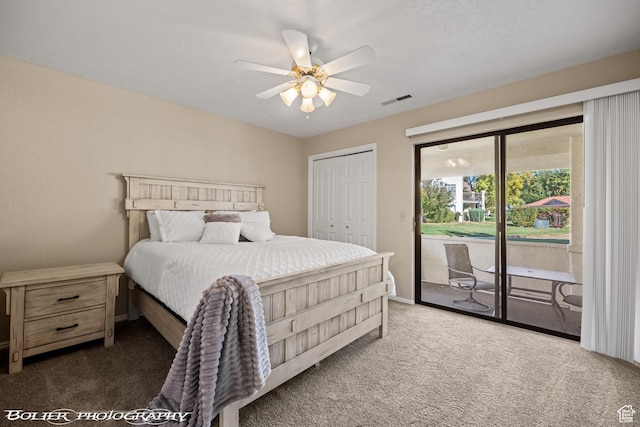 bedroom with ceiling fan, a closet, visible vents, access to exterior, and carpet flooring