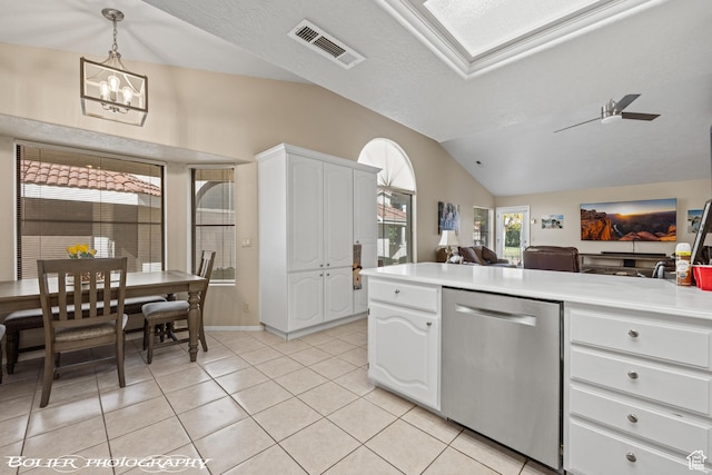 kitchen featuring a chandelier, open floor plan, visible vents, lofted ceiling, and stainless steel dishwasher