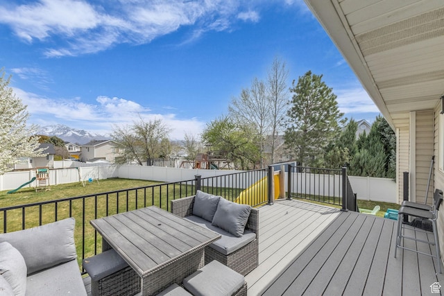 11873 S Coles Camp Cir W, Herriman, UT 84096 - deck with a yard, a fenced backyard, outdoor lounge area, and a playground