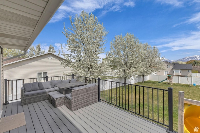 11873 S Coles Camp Cir W, Herriman, UT 84096 - deck featuring a mountain view, outdoor lounge area, a lawn, a fenced backyard, and a playground