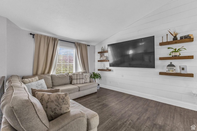 11873 S Coles Camp Cir W, Herriman, UT 84096 - living area with dark wood-type flooring, wood walls, baseboards, and lofted ceiling