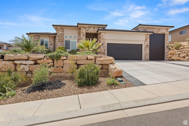 view of front of home featuring stucco siding, driveway, stone siding, a garage, and a tiled roof