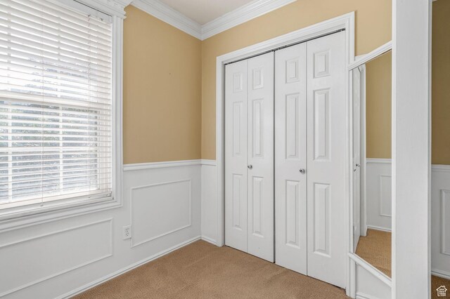 506 S 1200 E, Bountiful, UT 84010 - unfurnished bedroom with a closet, a decorative wall, ornamental molding, carpet, and wainscoting