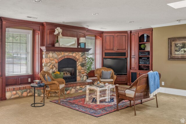 506 S 1200 E, Bountiful, UT 84010 - sitting room featuring light carpet, crown molding, a fireplace, and visible vents
