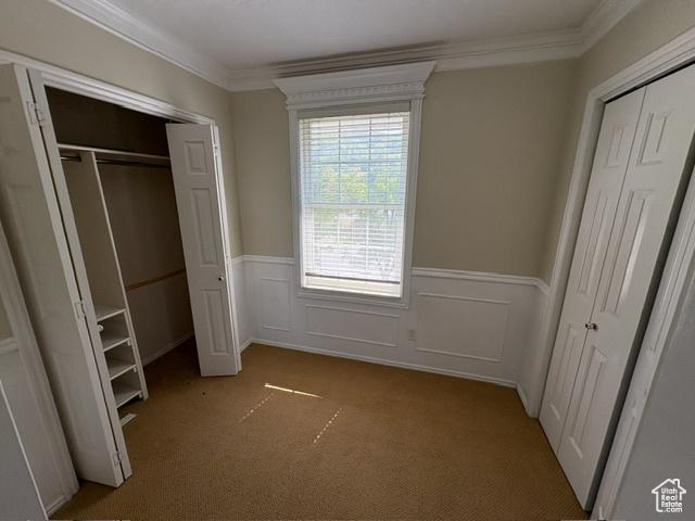 506 S 1200 E, Bountiful, UT 84010 - unfurnished bedroom featuring ornamental molding, carpet floors, and wainscoting
