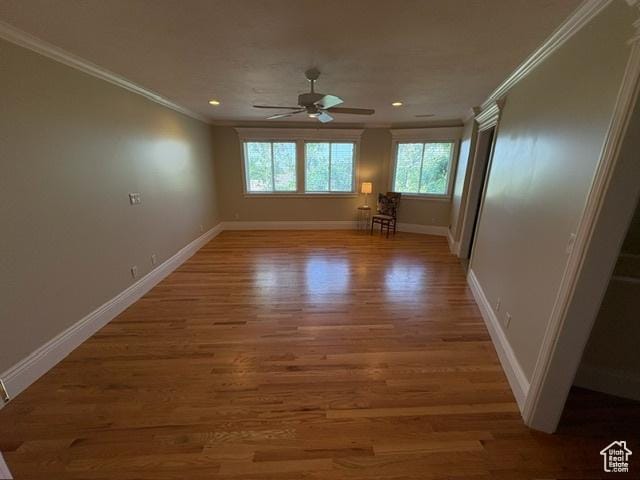 506 S 1200 E, Bountiful, UT 84010 - unfurnished room featuring crown molding, a ceiling fan, baseboards, light wood-style flooring, and recessed lighting