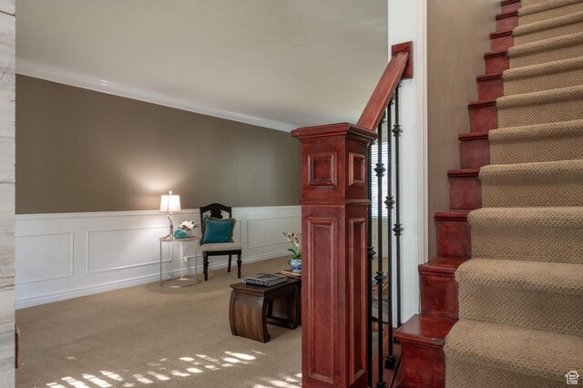 506 S 1200 E, Bountiful, UT 84010 - stairs with crown molding, carpet floors, a decorative wall, and wainscoting