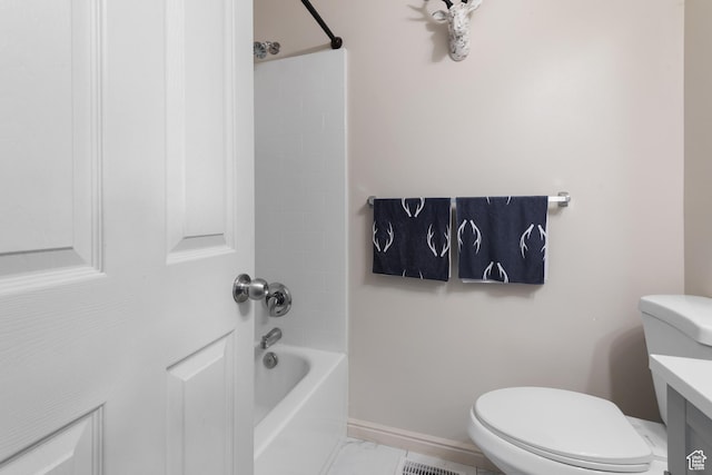 full bath featuring bathing tub / shower combination, vanity, and toilet