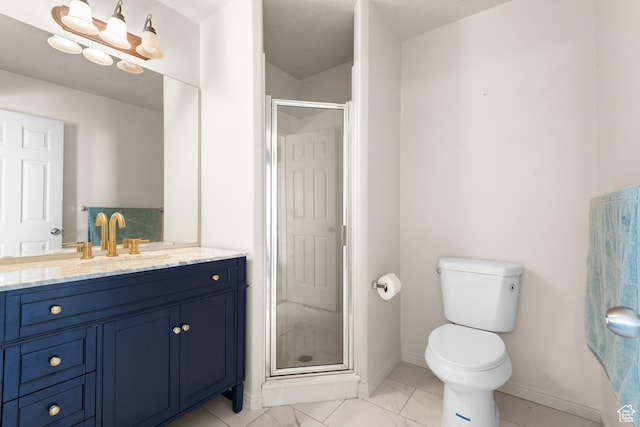 full bathroom with baseboards, toilet, vanity, marble finish floor, and a stall shower