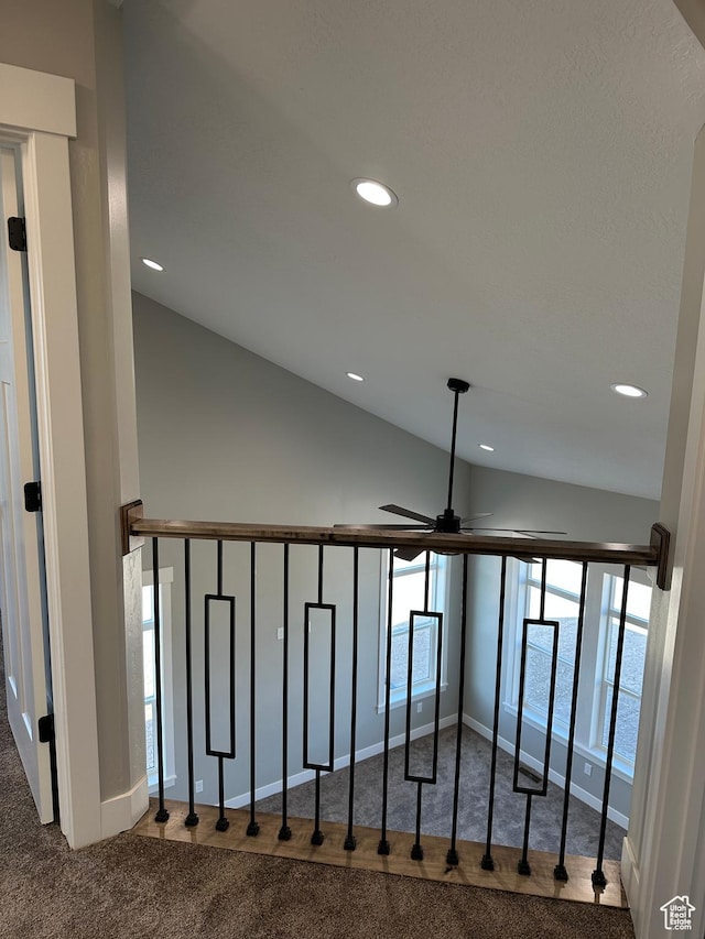 details with recessed lighting, carpet, and ceiling fan