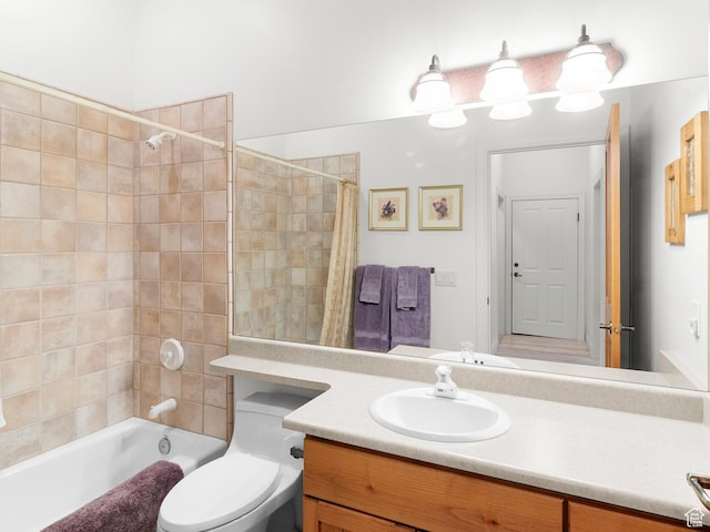 full bathroom featuring toilet, vanity, and shower / tub combo with curtain