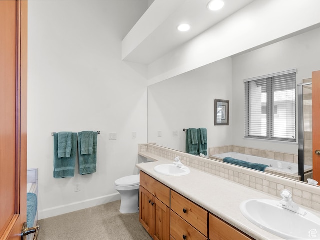 full bath with double vanity, a bath, an enclosed shower, and a sink