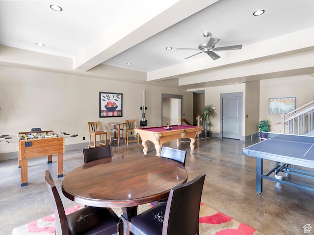 game room with concrete floors, beamed ceiling, recessed lighting, and pool table