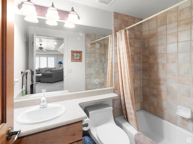 bathroom featuring shower / tub combo, vanity, a ceiling fan, toilet, and visible vents