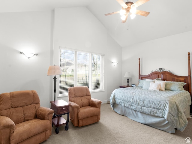 bedroom with baseboards, high vaulted ceiling, carpet, and a ceiling fan