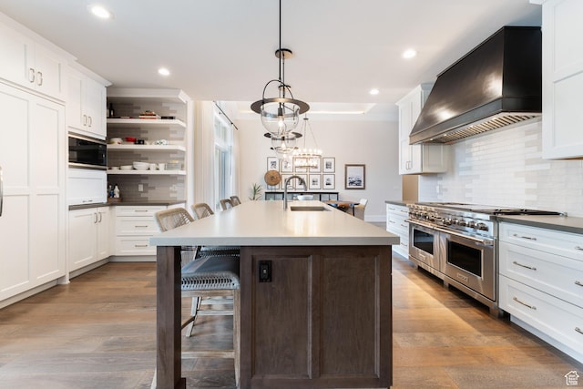 kitchen with a sink, built in microwave, double oven range, custom range hood, and backsplash