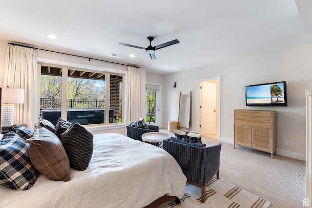 carpeted bedroom featuring ceiling fan, baseboards, multiple windows, and recessed lighting