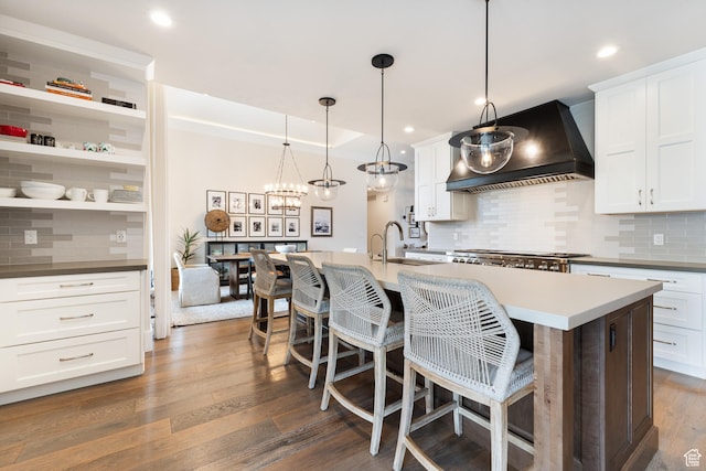 kitchen featuring custom exhaust hood, dark wood-type flooring, and tasteful backsplash