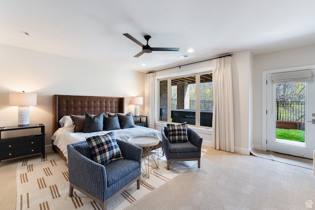 bedroom featuring ceiling fan, light carpet, access to exterior, visible vents, and recessed lighting