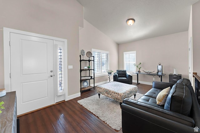 10756 S Autumn Wind Way W, South Jordan, UT 84009 - living area featuring dark wood-style flooring, baseboards, and high vaulted ceiling
