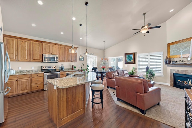 10756 S Autumn Wind Way W, South Jordan, UT 84009 - kitchen with ceiling fan, light stone countertops, appliances with stainless steel finishes, a sink, and open floor plan