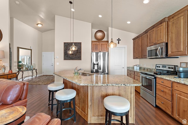 10756 S Autumn Wind Way W, South Jordan, UT 84009 - kitchen featuring a sink, a kitchen breakfast bar, dark wood-type flooring, and stainless steel appliances
