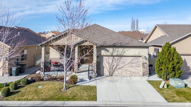 ranch-style home with a front yard, a shingled roof, a garage, stucco siding, and driveway