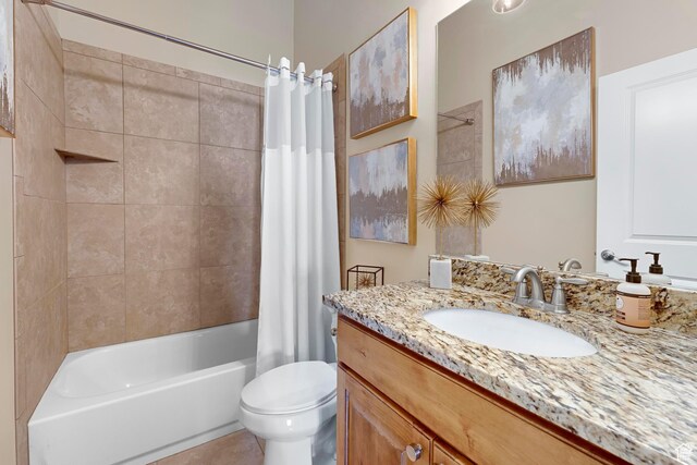 10756 S Autumn Wind Way W, South Jordan, UT 84009 - bathroom featuring tile patterned flooring, shower / bath combo with shower curtain, vanity, and toilet