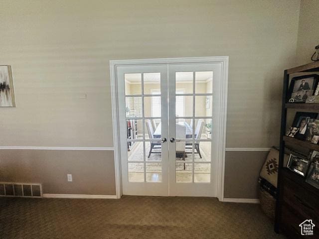 470 E Bridlewalk Ln S, Murray, UT 84107 - doorway to outside with french doors, carpet flooring, baseboards, and visible vents