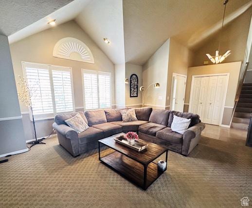 470 E Bridlewalk Ln S, Murray, UT 84107 - living room featuring a wealth of natural light, high vaulted ceiling, carpet, and baseboards