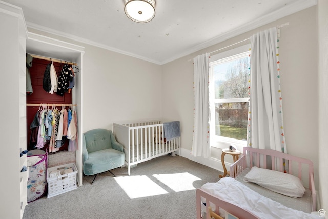 carpeted bedroom featuring ornamental molding and a closet