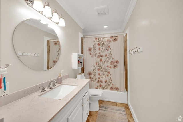 bathroom featuring toilet, crown molding, vanity, and shower / bath combination with curtain
