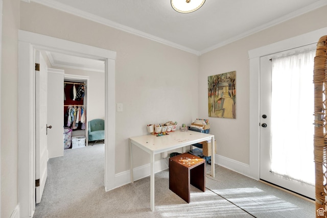 interior space with crown molding, baseboards, and light colored carpet