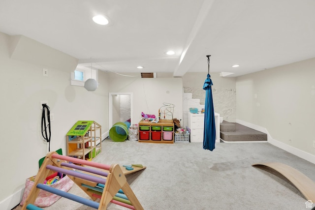 game room with carpet floors, baseboards, and recessed lighting