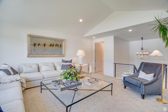 living room featuring a chandelier, recessed lighting, light carpet, and vaulted ceiling