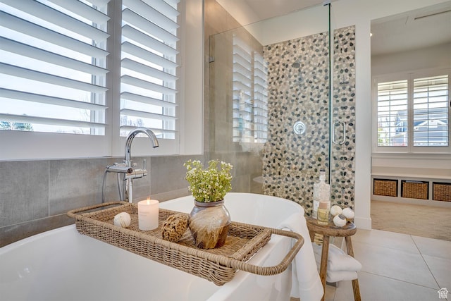 interior space with a shower stall and a freestanding bath