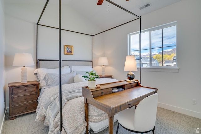 bedroom with visible vents, baseboards, ceiling fan, and carpet floors