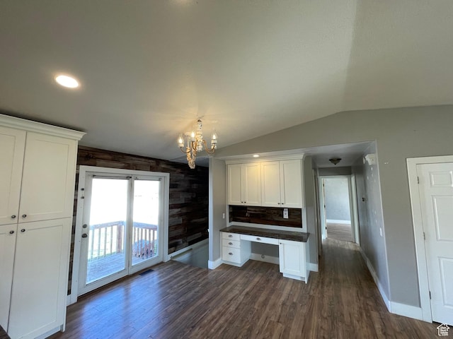 129 N 3rd E, Franklin, ID 83237 - kitchen featuring an inviting chandelier, white cabinetry, vaulted ceiling, and dark wood-style flooring